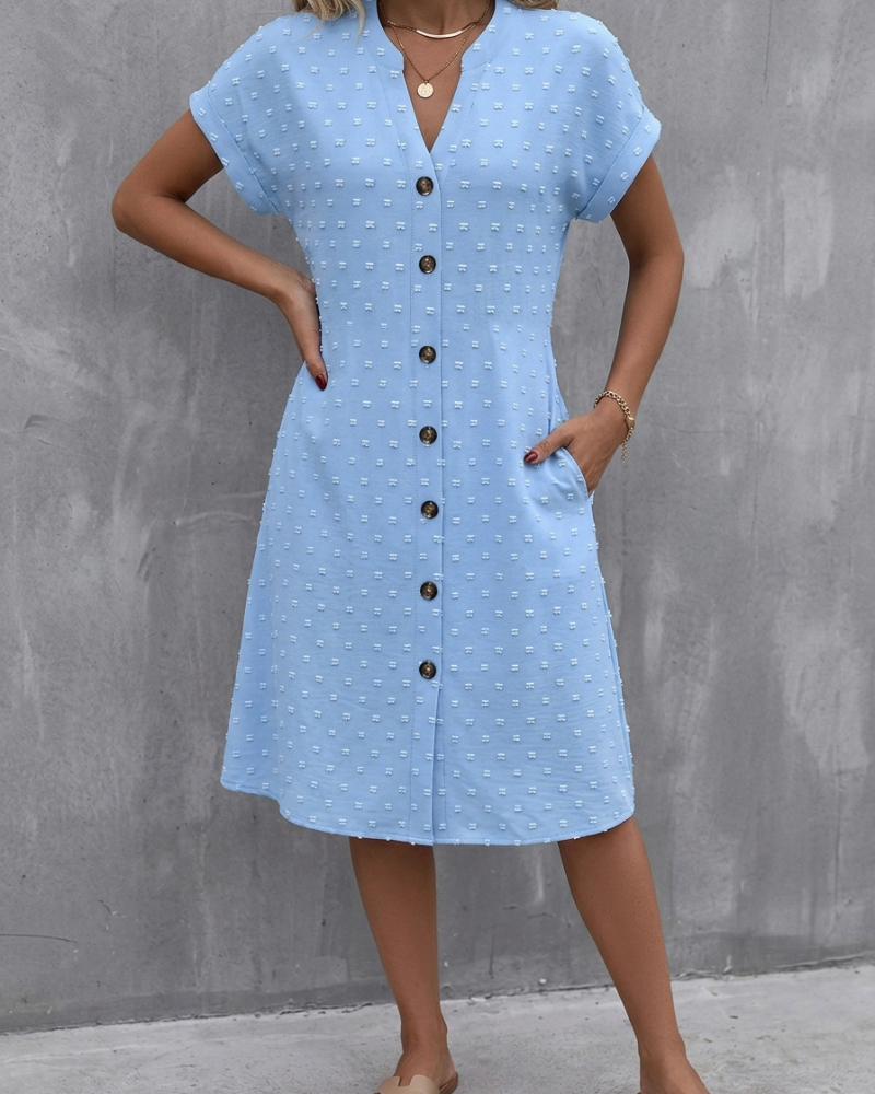 Robe Jacquard Col En V Boutonnage Devant Midi Chemise