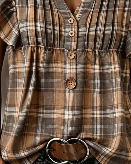 Blouse Marron Gingham Manche Volantée