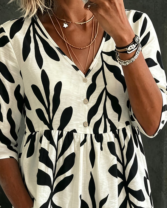 Blouse Col V Lâche Imprimé Manche Courte