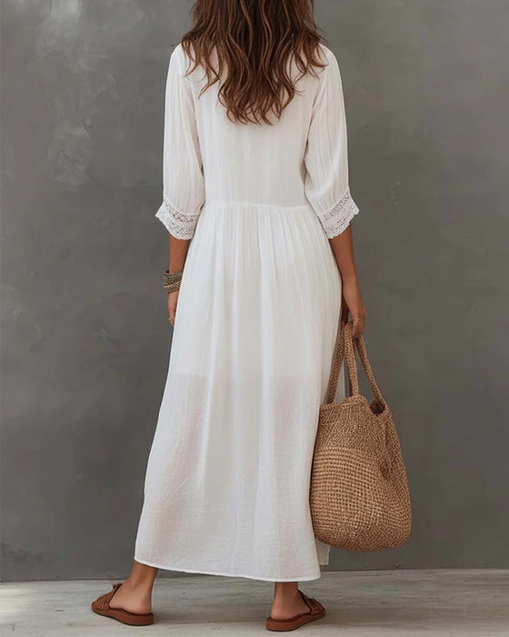 Robe Manches Courtes Dentelle Garniture Revers Longue