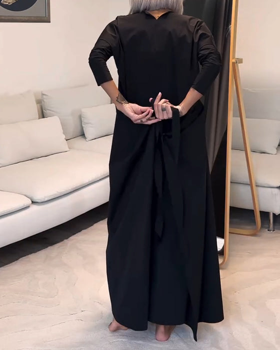 Robe plissée à lacets de couleur unie à la mode avec col rond