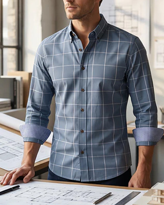 Chemise Bleu Et Blanc Carreau Revers Manche Longue