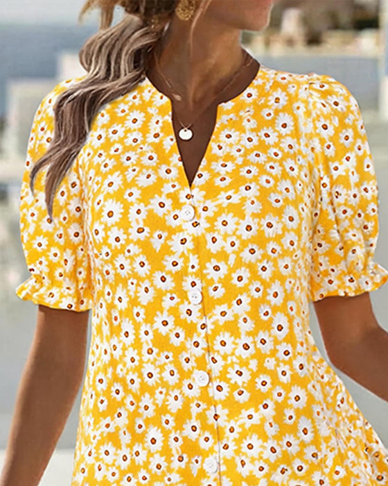 Robe Col V Manche Ballon Daisy