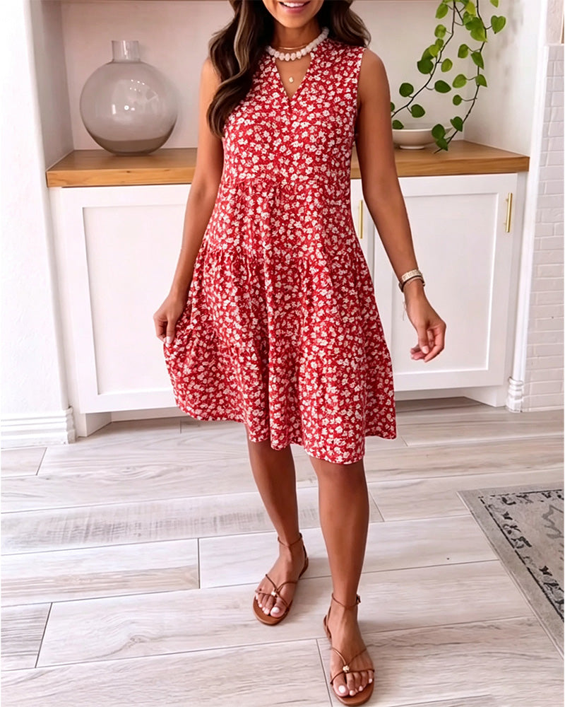 Robe Col-V Sans Manches Florale A-Ligne