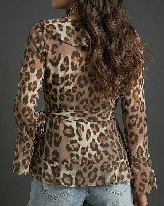 Blouse Volant Manche Léopard Imprimé