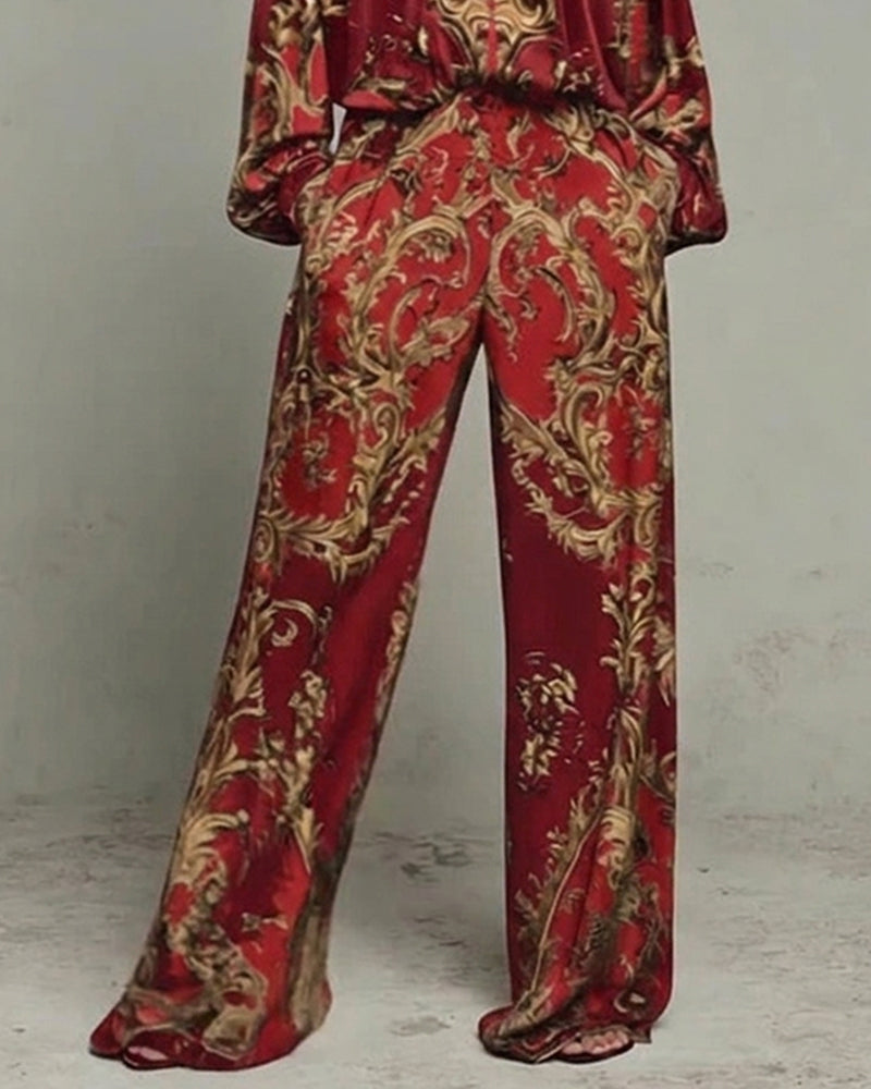 Ensemble Col En V Manche Lanterne Large Jambe Pantalon