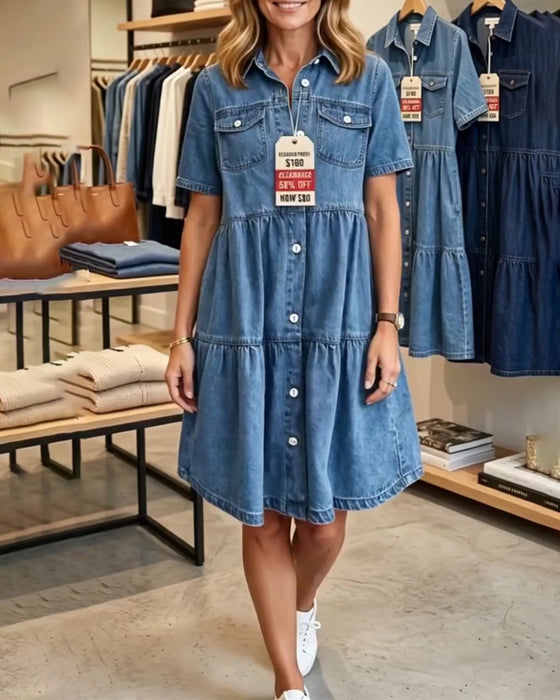 Robe Denim Volant Superposé Manches Courtes
