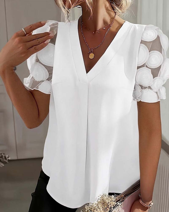 Blouse Manche Bouffante Mesh Col En V