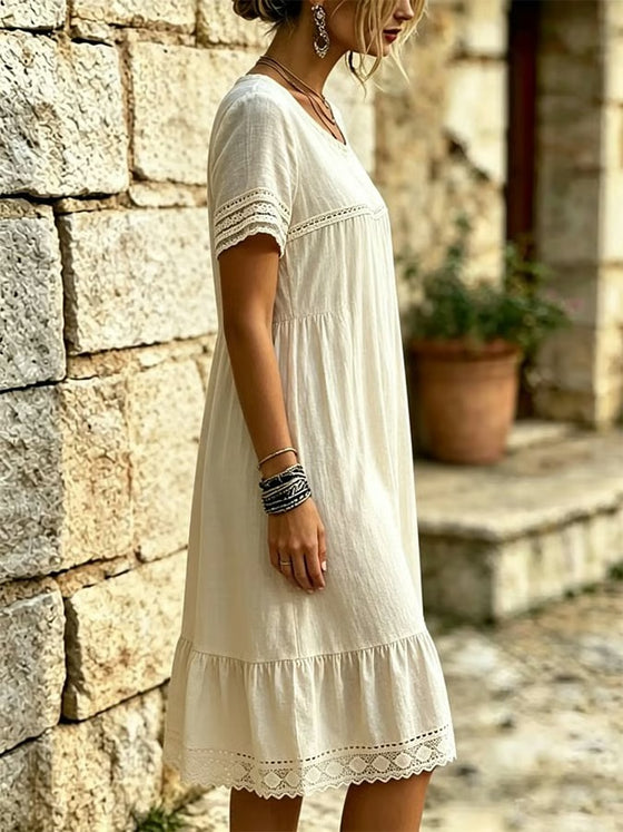 Robe Dentelle Volant Col-Rond Manche-Courte