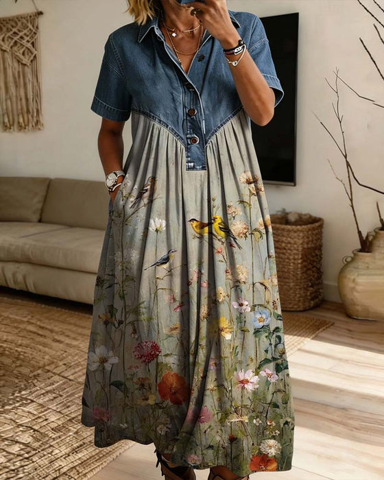 Robe Col De Chemise Fleuri Denim Patchwork