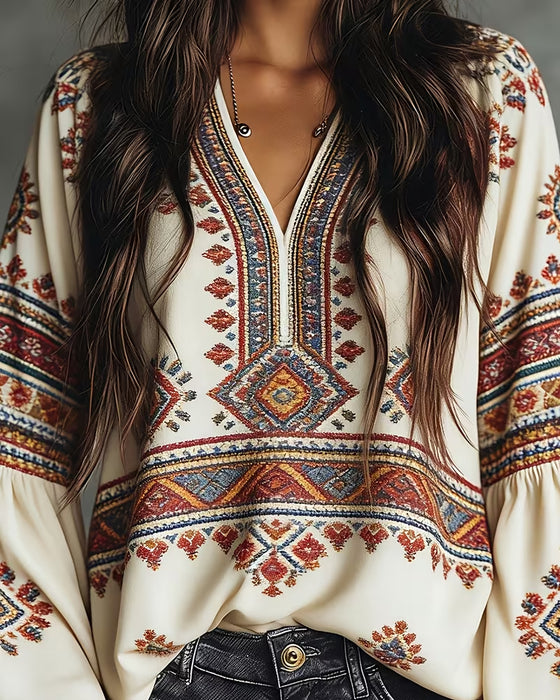 Blouse Ethnique Géométrique Imprimé Manche Lanterne