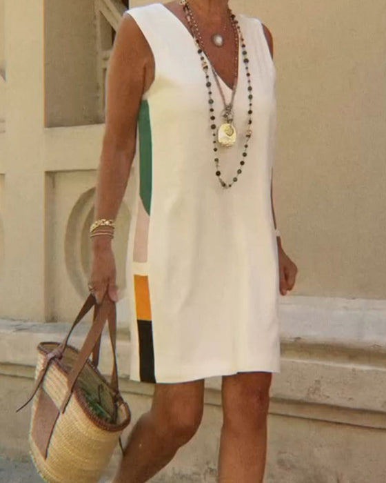 Robe Col V Sans Manches Bloc De Couleur