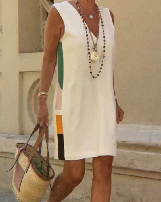 Robe Col V Sans Manches Bloc De Couleur