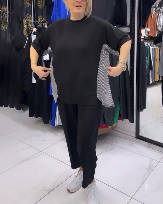 Blouse décontractée patchwork à fines rayures