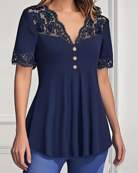 Blouse V-Neck Dentelle Slim Manches Courtes