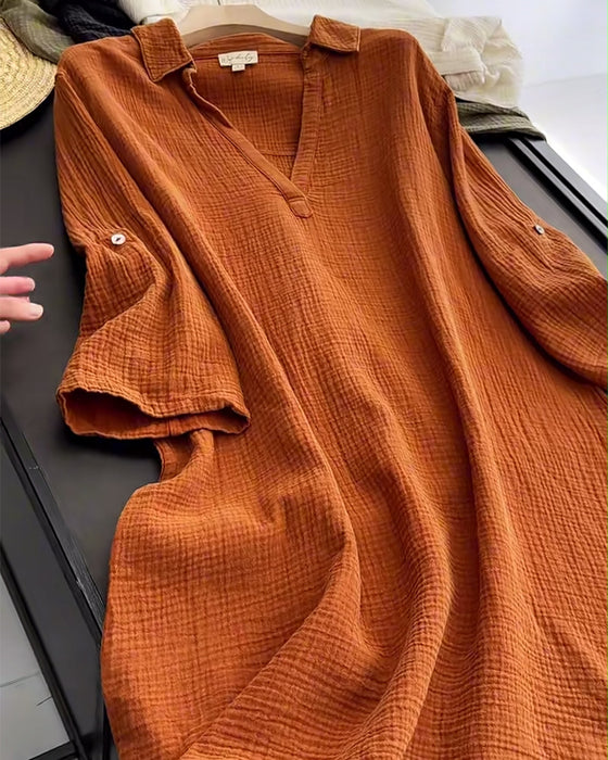 Robe Manches Longues Unie Simple Col Revers
