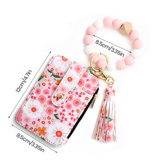 Petit Porte-Monnaie En Cuir Floral Avec Porte-Clés Et Bracelet