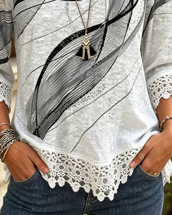 T-Shirt Imprimé Abstrait Ourlet Dentelle