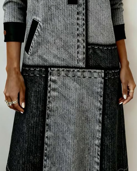 Robe Bouton Revers Col V Bloc de Couleur Tendance