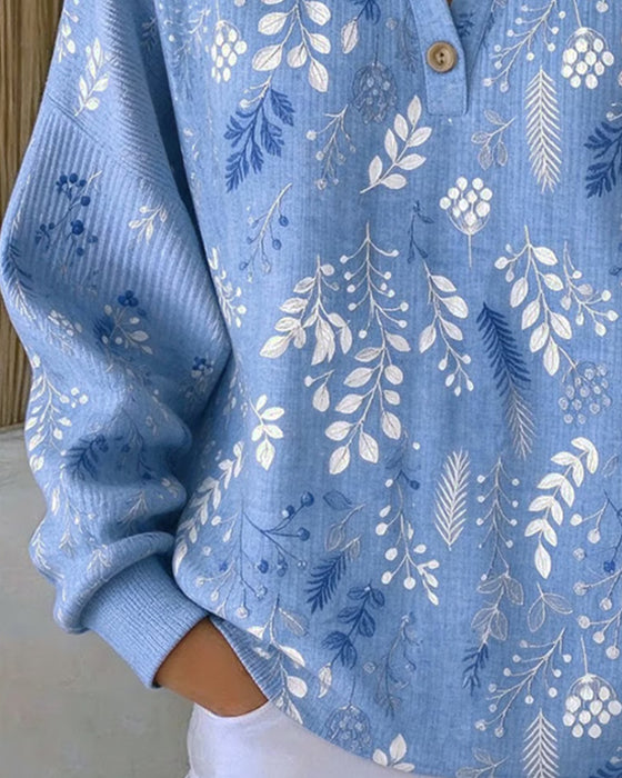 Sweatshirt Gaufré Col Henry Imprimé Floral
