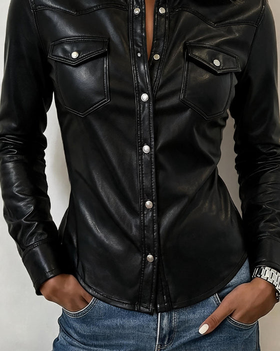 Blouse Revers Bouton Devant Poche Manches Longues