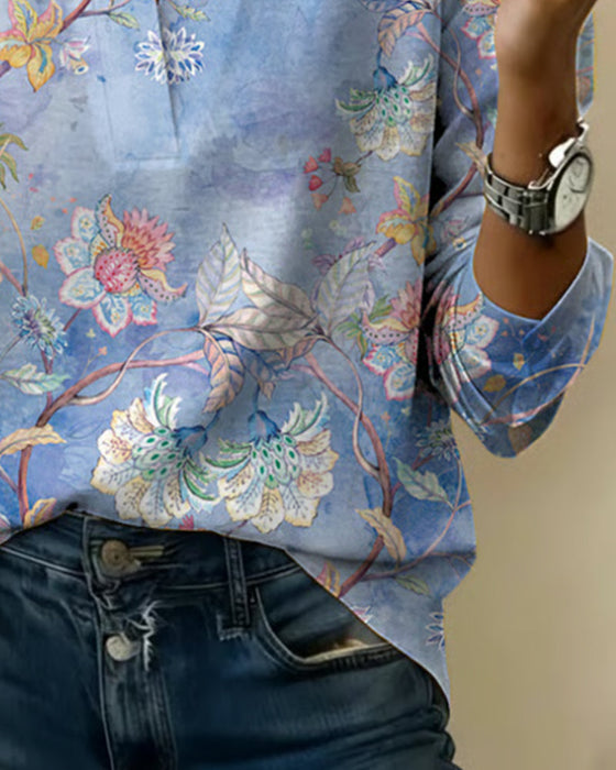 Blouse Col Monté Manches Longues Fleuri