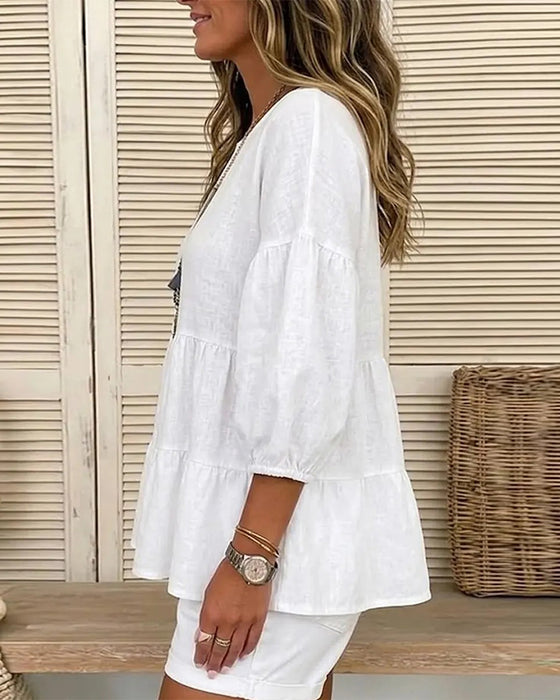Blouse Col Rond Baby Doll Lanterne Manche Moyenne