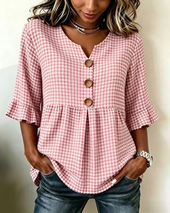 Blouse Pied-De-Coq Trois Boutons Décontractée