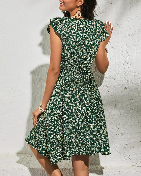 Robe Col Rond Élastique Fronçage Fleuri
