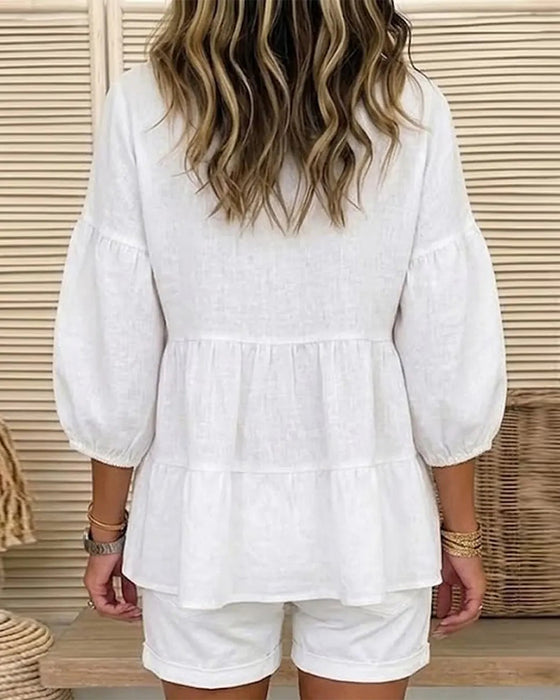 Blouse Col Rond Baby Doll Lanterne Manche Moyenne
