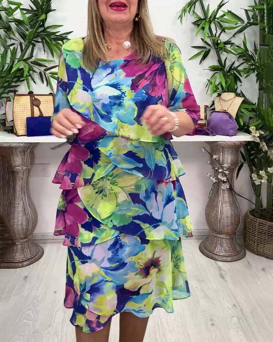 Robe à imprimé floral, col rond, manches mi-longues et volants