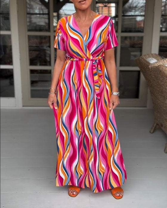 Robe longue à lacets à manches courtes et imprimé coloré