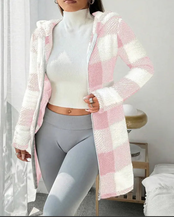 Manteau À Capuche En Polaire À Carreaux Pour Femme, Manches Longues
