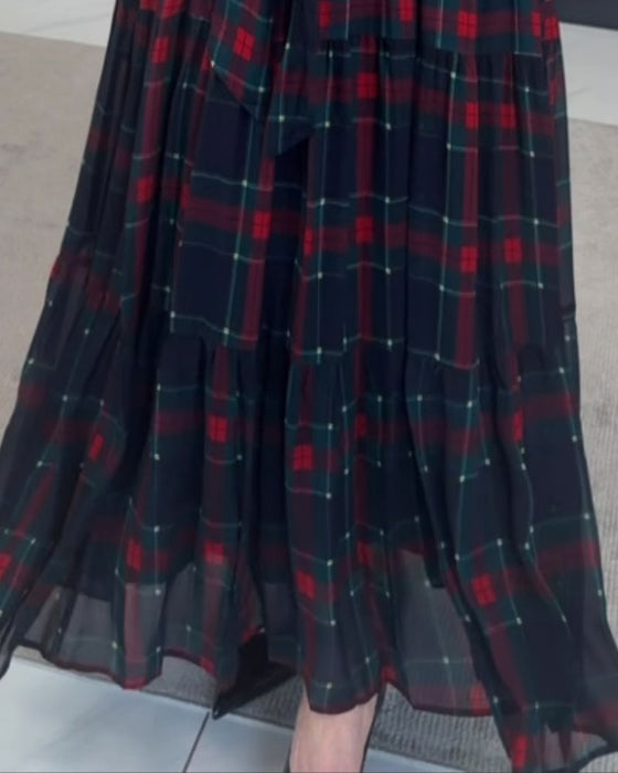 Robe Col V À Carreaux Manches Longues