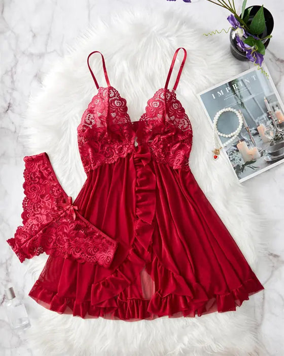 Chemise de Nuit Décolletée & Culotte Décor Nœud Set Femme Sexy Volant Dentelle