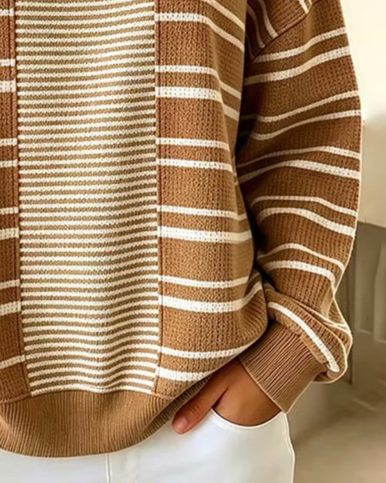 Sweatshirt Rayé Patchwork Manches Longues Henley