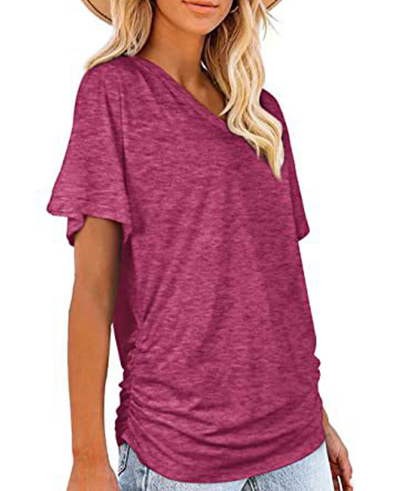 T-Shirt Plissé Uni Col En V