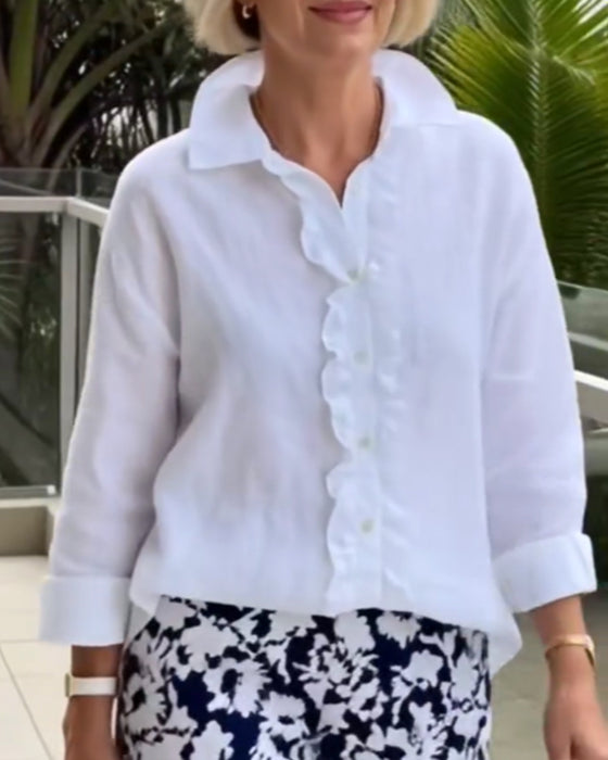 Chemisier À Volants Manches Longues Unie À Col