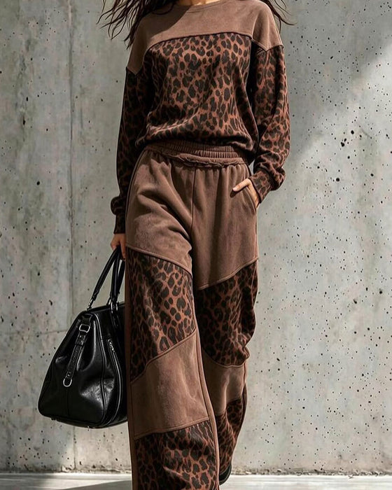 Ensemble Imprimé Léopard Patchwork Sweat-Shirt