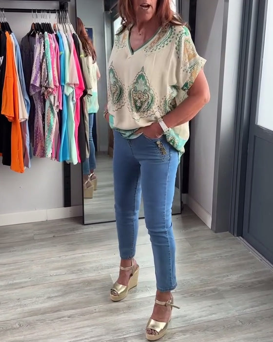 Haut décontracté à col en V imprimé rétro