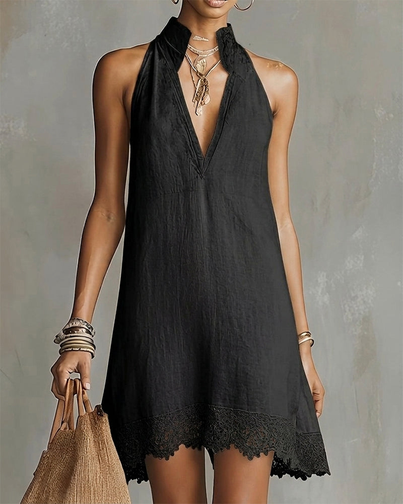 Robe Col V Dentelle Garniture Courte