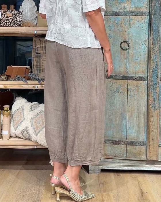 Pantalon Taille Élastique Poche Large Jambe Raccourci