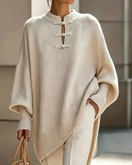 Pullover Col Mandarin Nœud Bouton Coupe Loose Cape