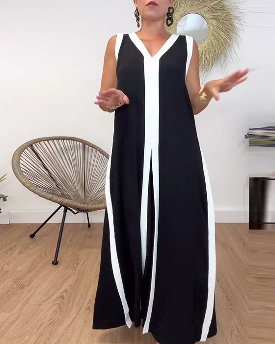 Robe sans manches à col en V à imprimé contrasté à la mode