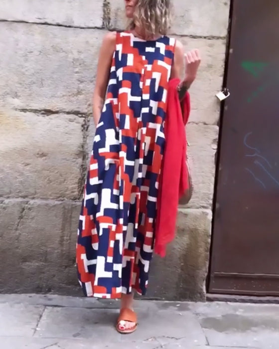 Robe à poches sans manches à imprimé géométrique