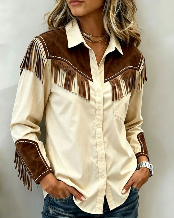 Chemise Frangée Assemblage Contraste Couleur Manche Longue