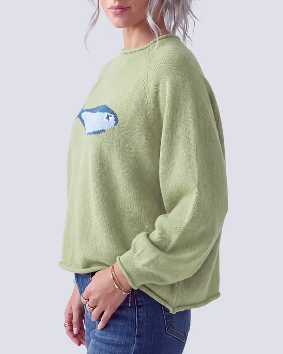 Pullover Col Rond Imprimé Poisson Épaule Tombante