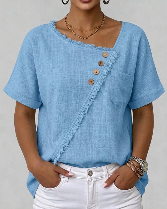 Blouse Bord Brut Coupe Bias Bouton Manches Courtes