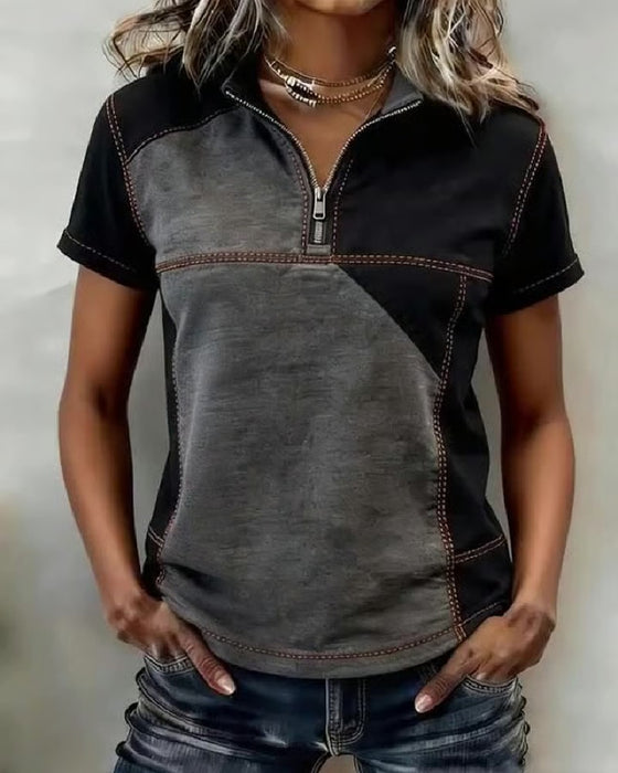 Haut Demi-Fermeture Éclair Color-Block Manches Courtes