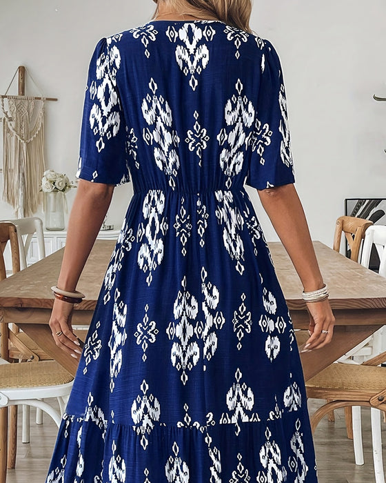 Robe Col En V Imprimé Jupe Ample Taille Haute